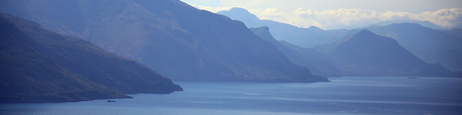 Top view of the silhouette of the coastal mountain range of the Gulf of Policastro, Ispani, Cilento, Campania, Italy