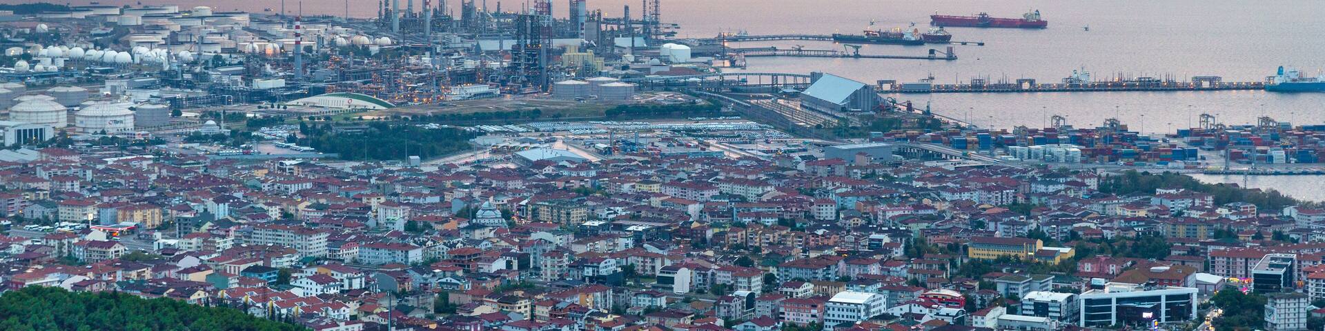 Wide angle panoramic view of Kocaeli city. Kocaeli Province is located at the easternmost end of the Marmara Sea around the Gulf of Izmit.
