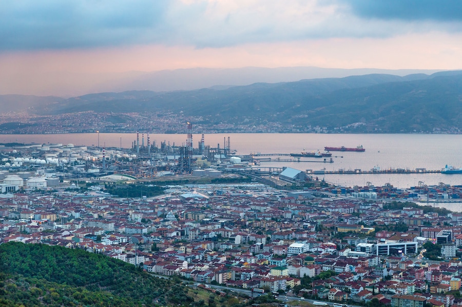 Wide angle panoramic view of Kocaeli city. Kocaeli Province is located at the easternmost end of the Marmara Sea around the Gulf of Izmit.