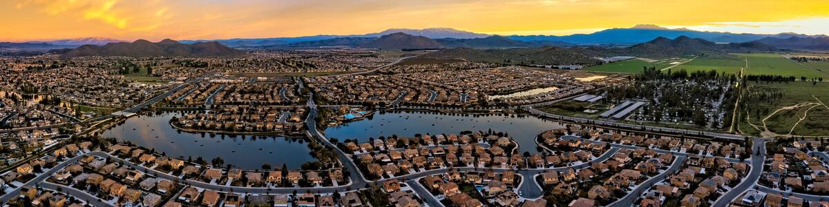 Sunrise in Menifee, California., USA. This is a 5 image aerial panoramic at 400' above ground level.