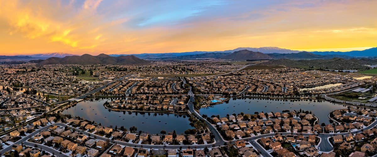 Sunrise in Menifee, California., USA. This is a 5 image aerial panoramic at 400' above ground level.