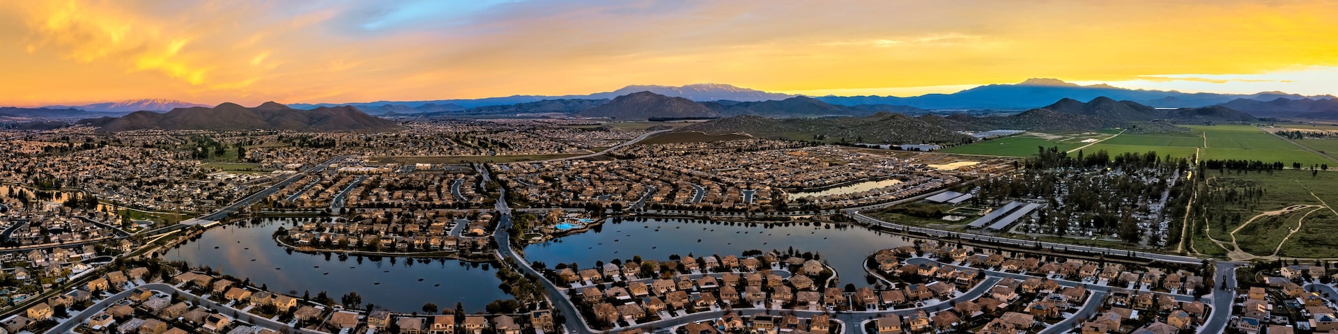 Sunrise in Menifee, California., USA. This is a 5 image aerial panoramic at 400' above ground level.