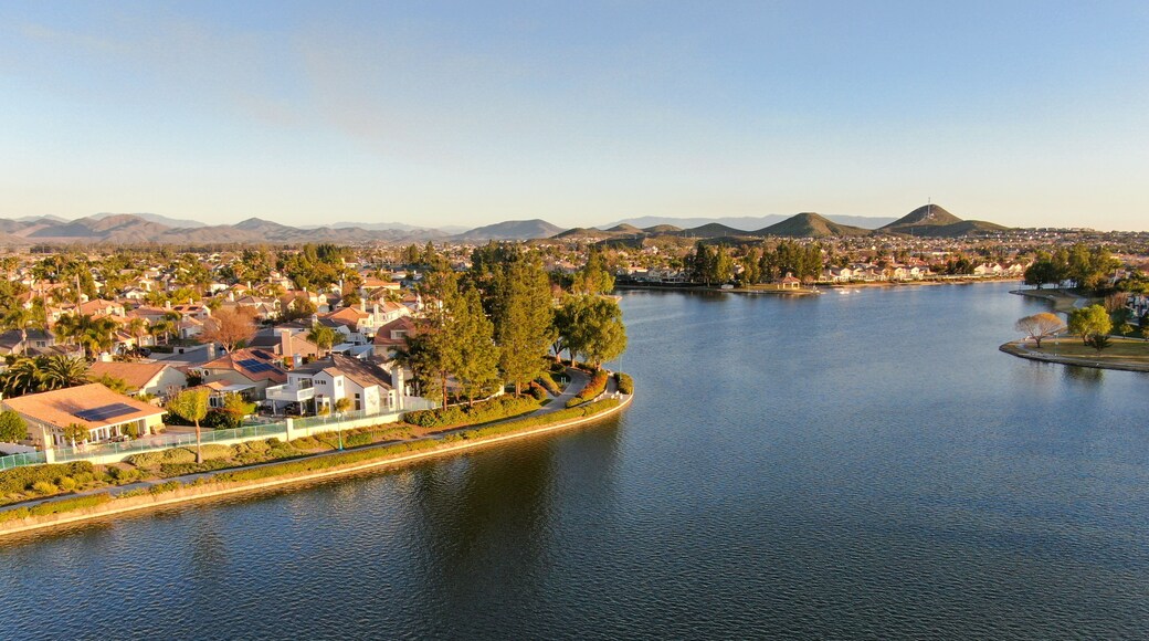 Aerial view of Menifee Lake and neighborhood, residential subdivision vila during sunset. Riverside County, California, United States