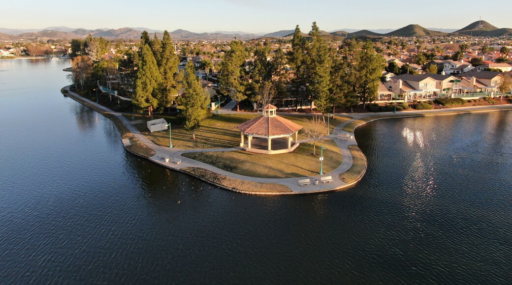 Aerial view of Menifee Lake and neighborhood, residential subdivision vila during sunset. Riverside County, California, United States