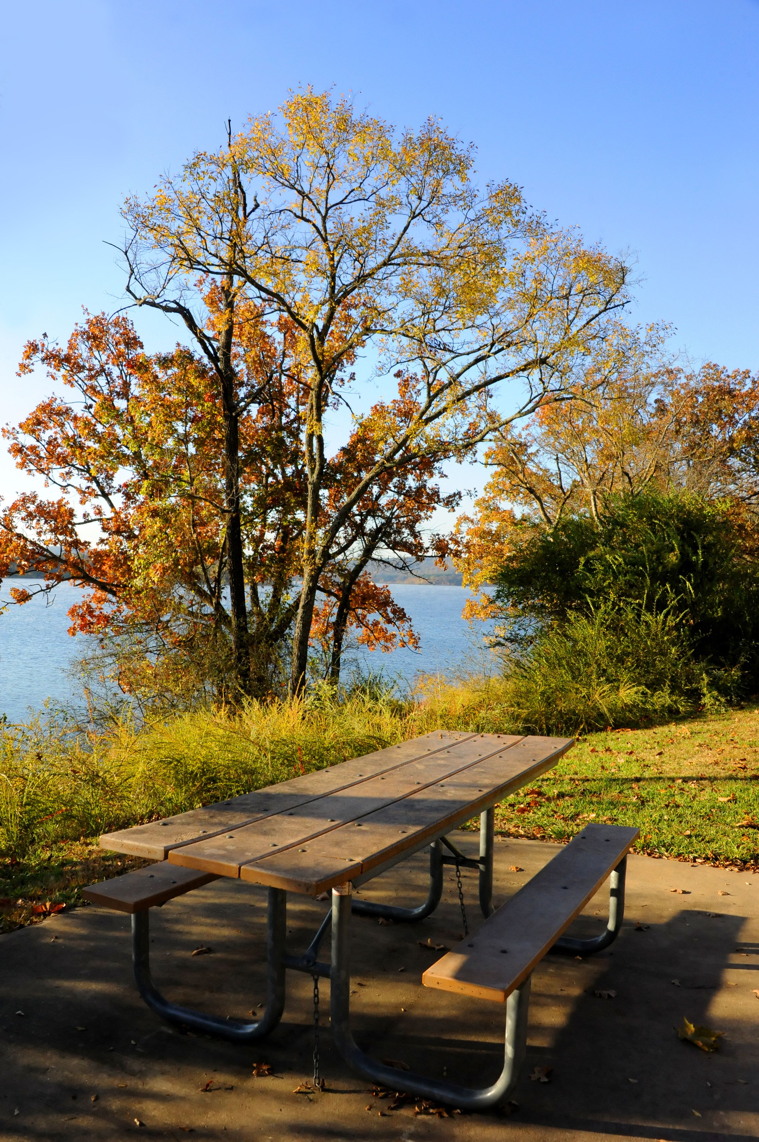 Una mesa de picnic junto a un lago rodeado de follaje otoñal.
