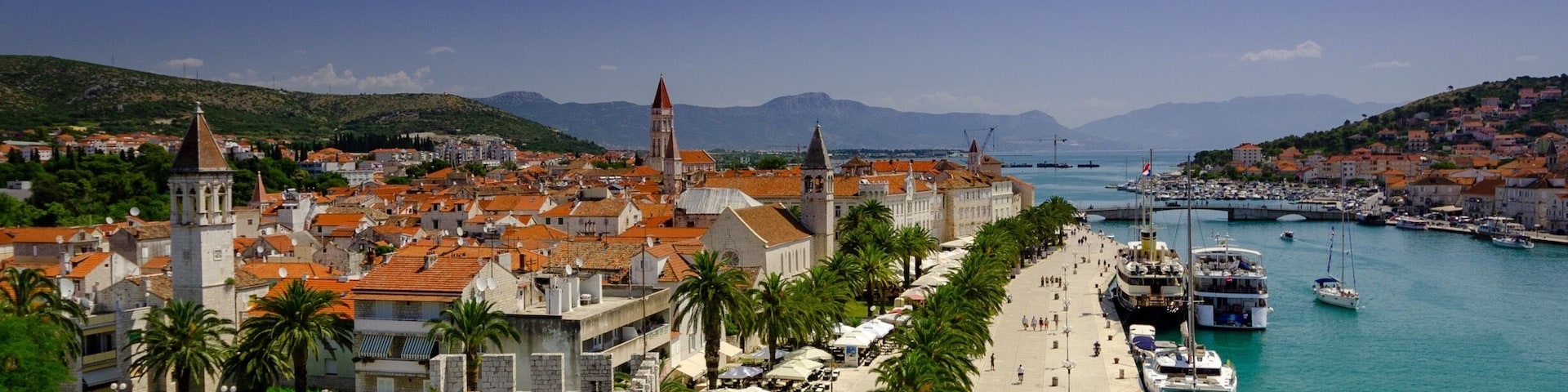 View of Old Town Trogir and the Marina from a tower in Kamerlengo Castle.  The castle was built in the 15th century.  Trogir was added to list of UNESCO World Heritage Sites in 1997.