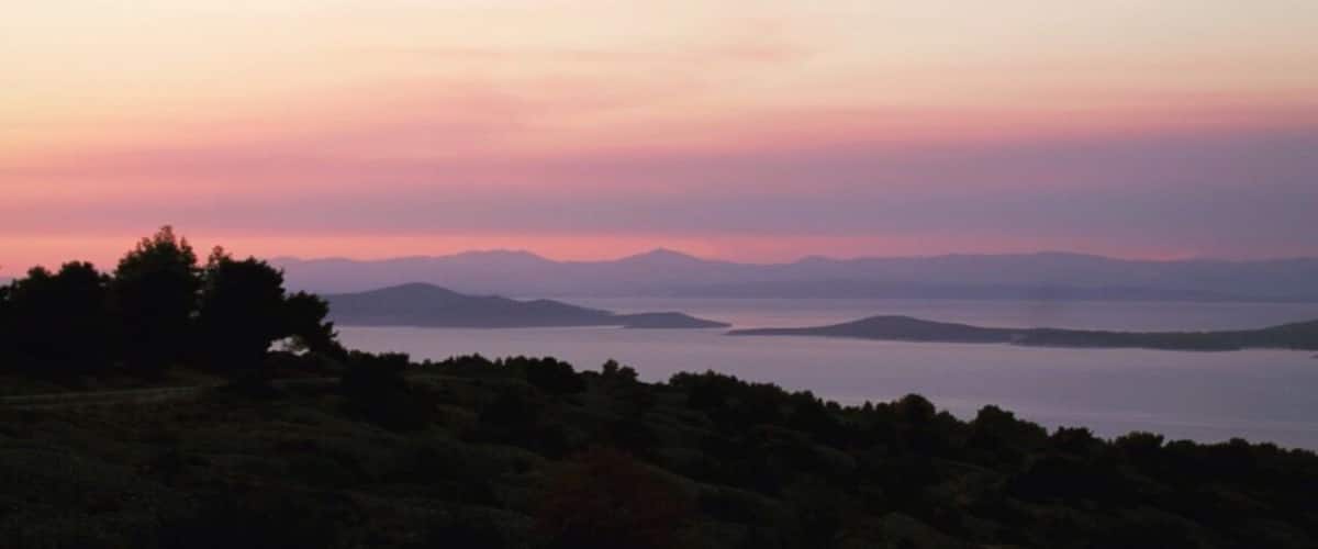 A coastal landscape with a calm sea, distant mountains, and a forested foreground.
