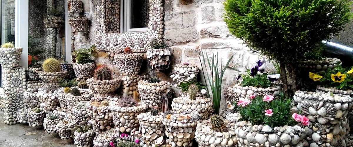 A garden with various plants and cacti arranged in decorative pots made of stones.