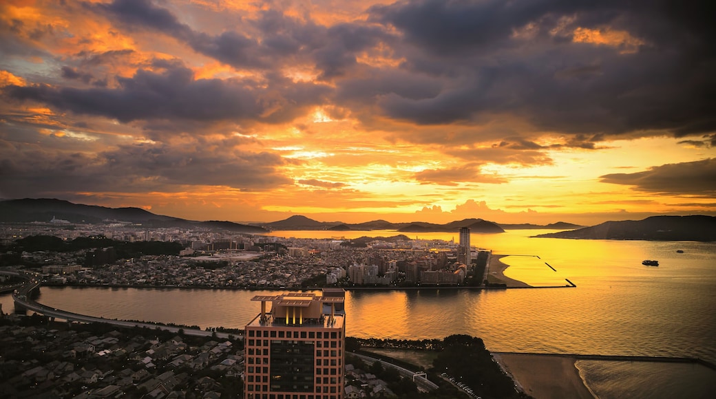 Breathtaking sunset colors today (07 September 2019) in Fukuoka as seen from the observation deck of Fukuoka Tower, 123 meters above ground.