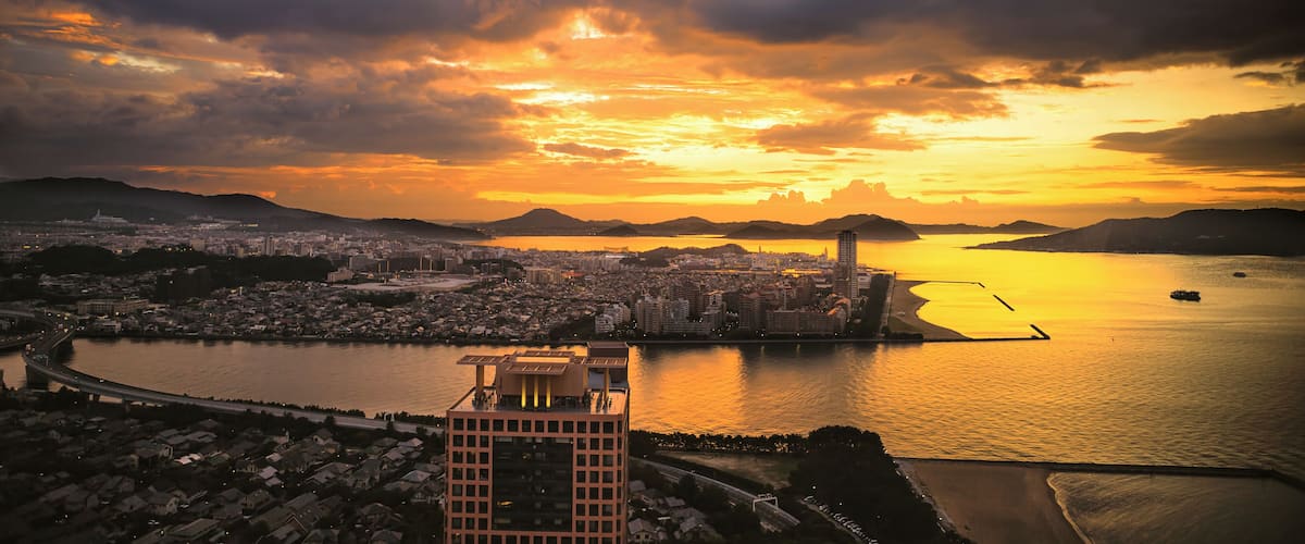 Breathtaking sunset colors today (07 September 2019) in Fukuoka as seen from the observation deck of Fukuoka Tower, 123 meters above ground.