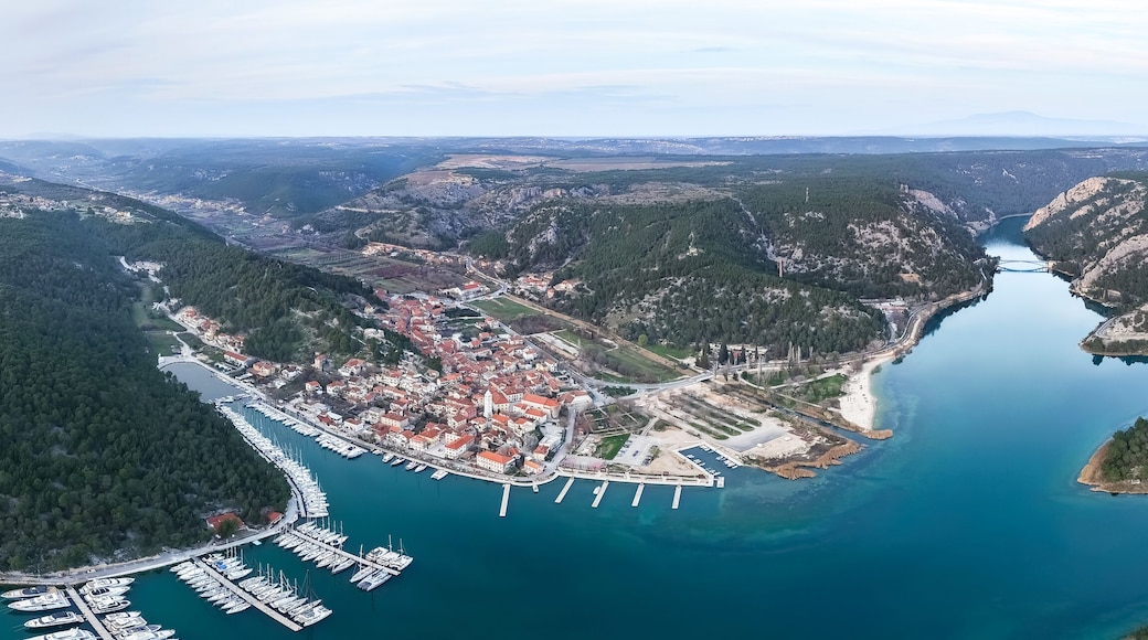 Aerial panoramic view of Skradin town, Krka river, Croatia