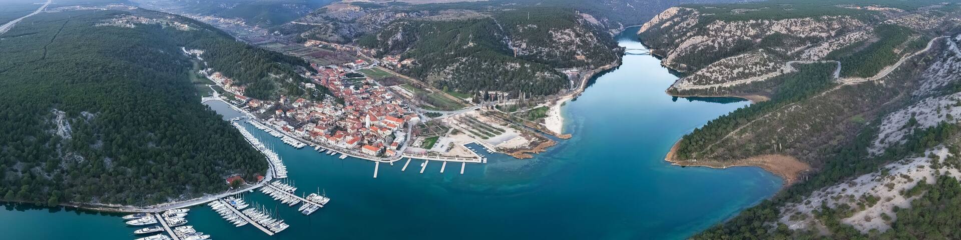 Aerial panoramic view of Skradin town, Krka river, Croatia