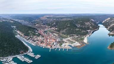 Aerial panoramic view of Skradin town, Krka river, Croatia