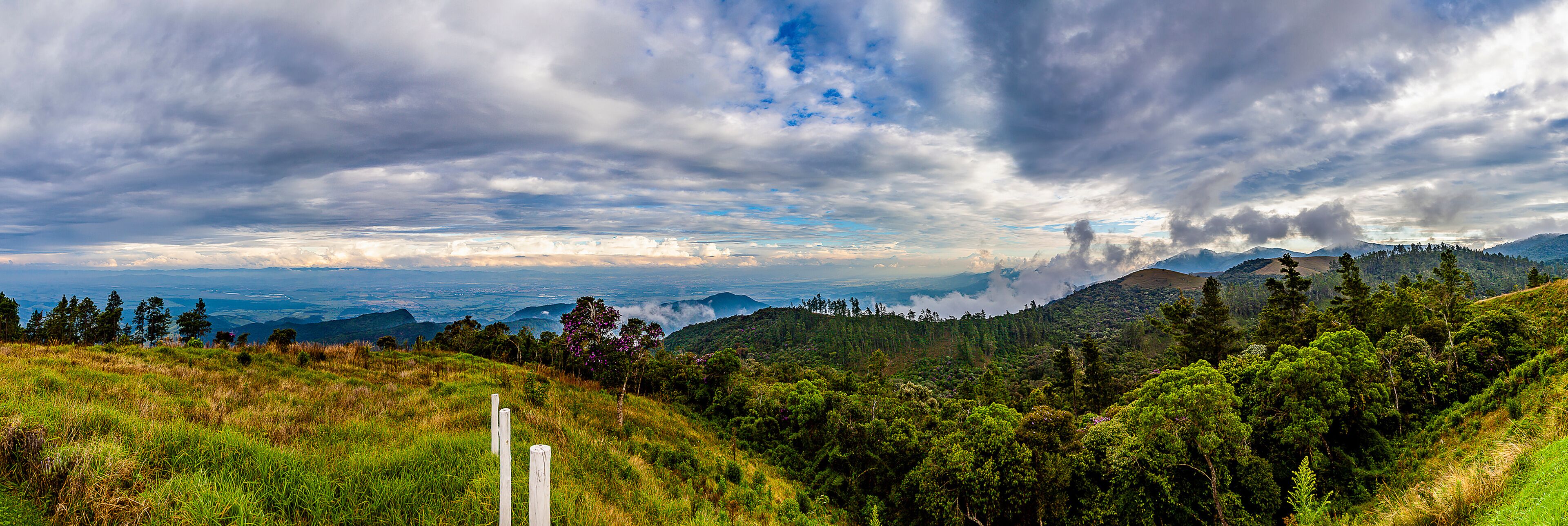 A mountainous landscape with a wooden signpost, dense forest, and a view of distant hills under a cloudy sky.