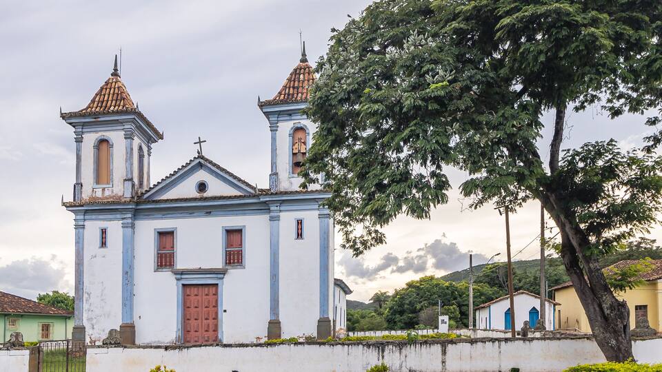 A white church with two bell towers and a large tree in front.