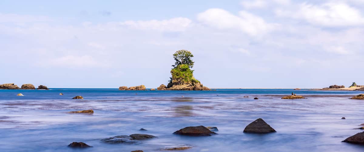 A rocky shoreline with a prominent tree-covered island in the center.
