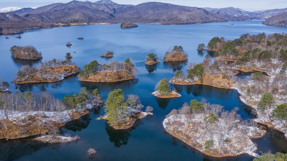 Aerial View of Hibara lake in early morning, Kitashiobara, Yama District, Fukushima, Japan.