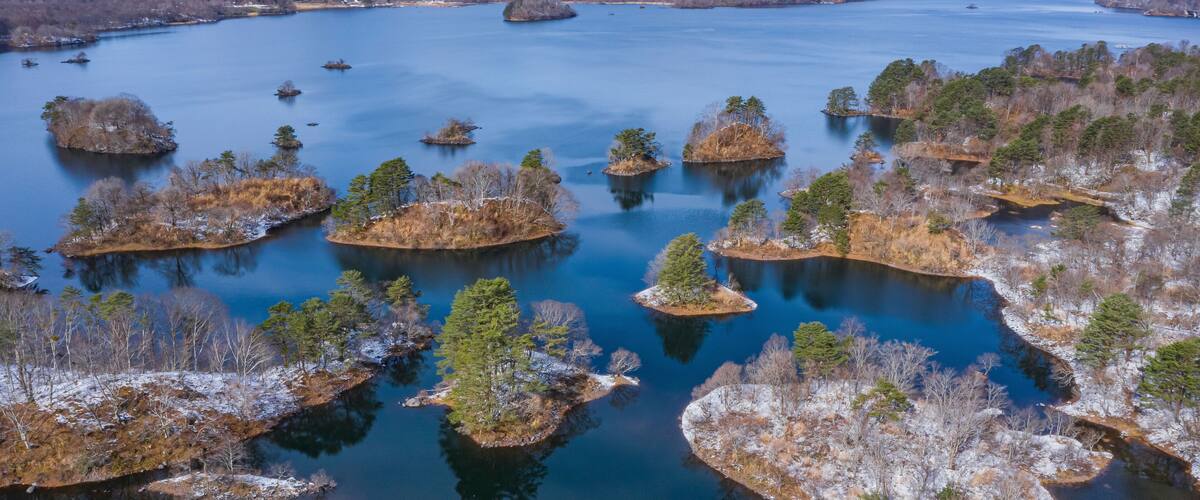 Aerial View of Hibara lake in early morning, Kitashiobara, Yama District, Fukushima, Japan.
