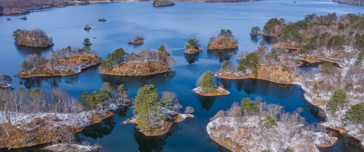 Aerial View of Hibara lake in early morning, Kitashiobara, Yama District, Fukushima, Japan.