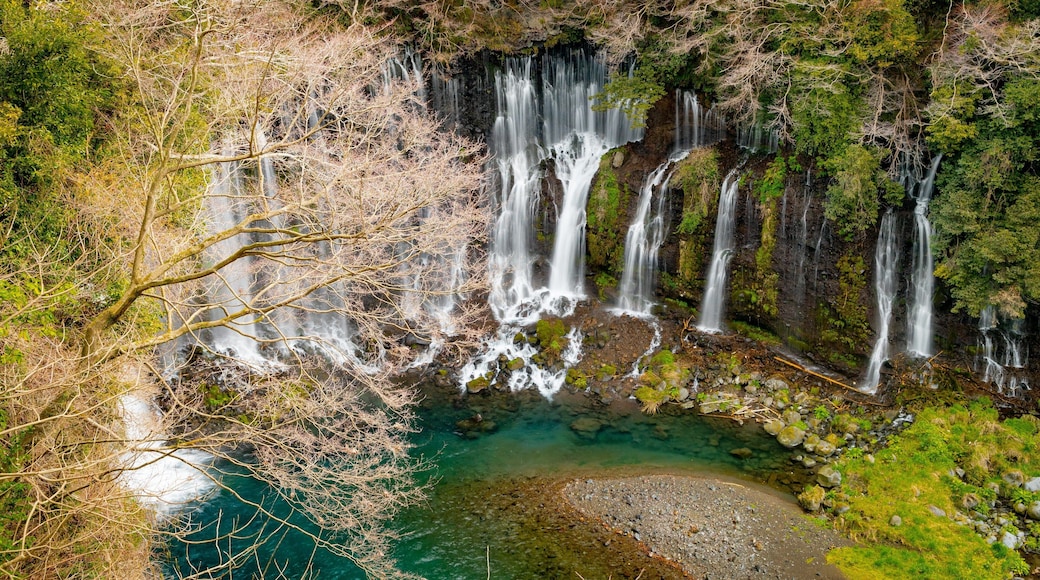 Shiraito Falls featuring a waterfall and landscape views