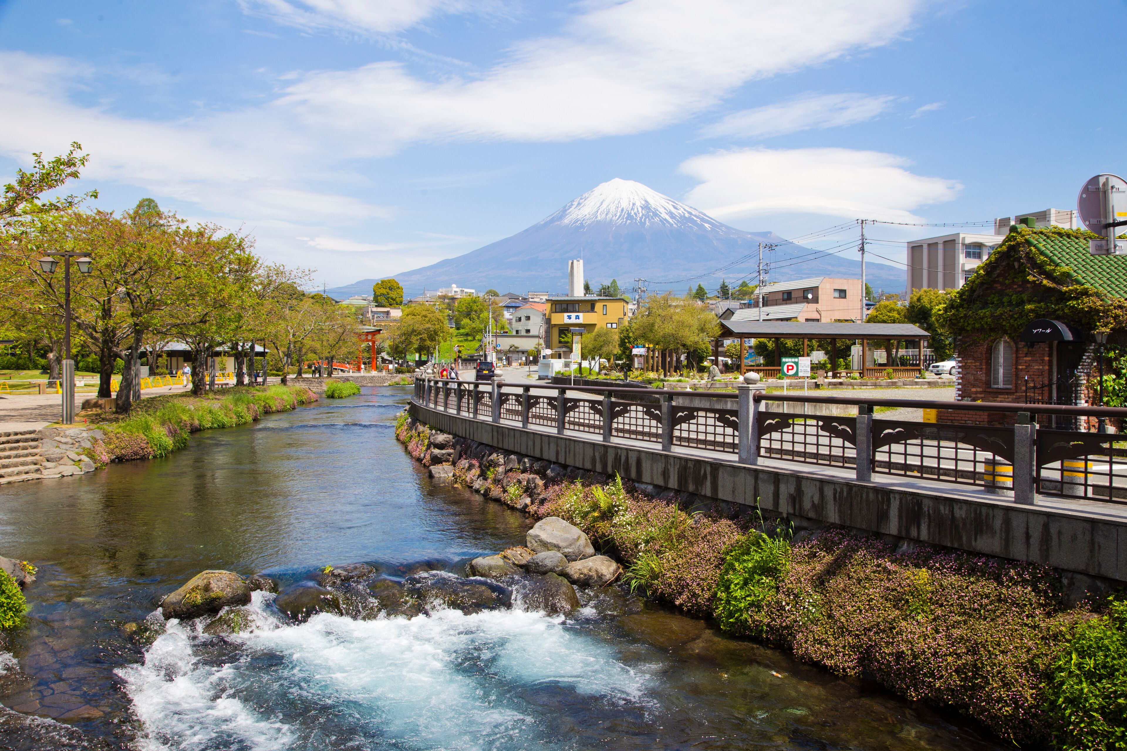 Un río serpentea por un pueblo con un puente, edificios y una montaña al fondo.