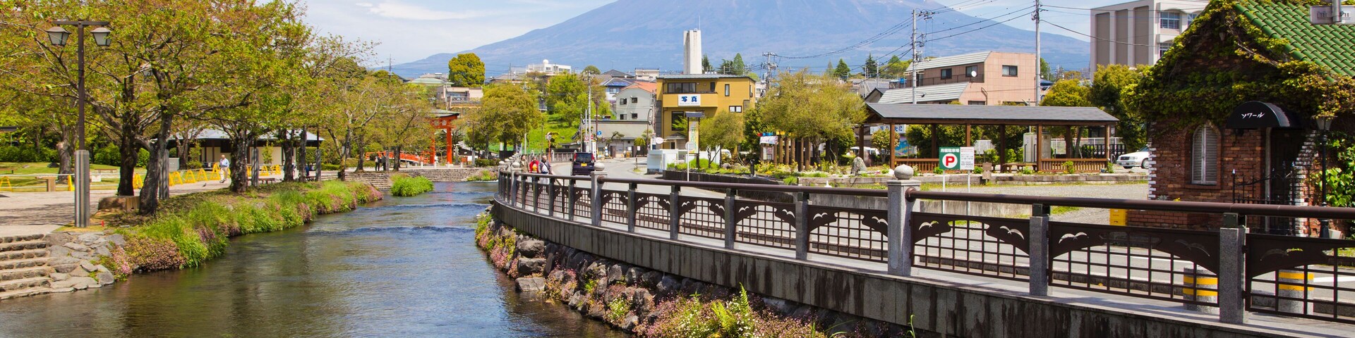 Un río serpentea por un pueblo con un puente, edificios y una montaña al fondo.