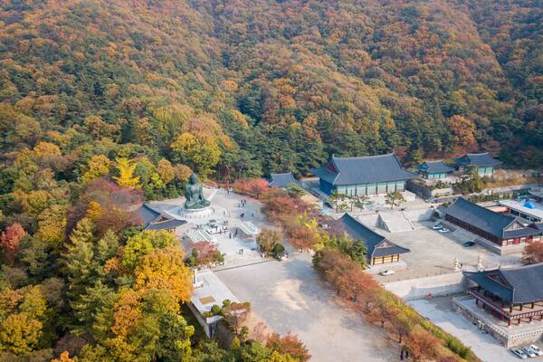 Aerial view autumn of Statue of Buddha in Temple, Seoul Korea .