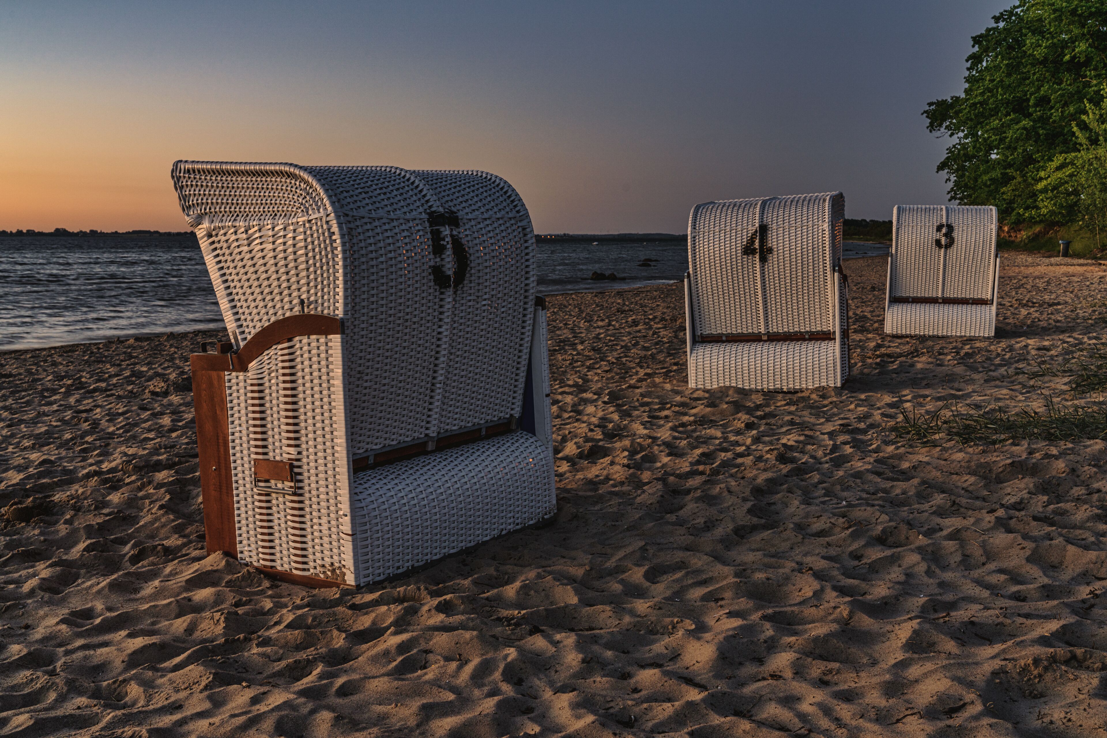 Evening at the Baltic Sea, with Beach chairs and the beach in Zierow, Mecklenburg-Western Pomerania, Germany