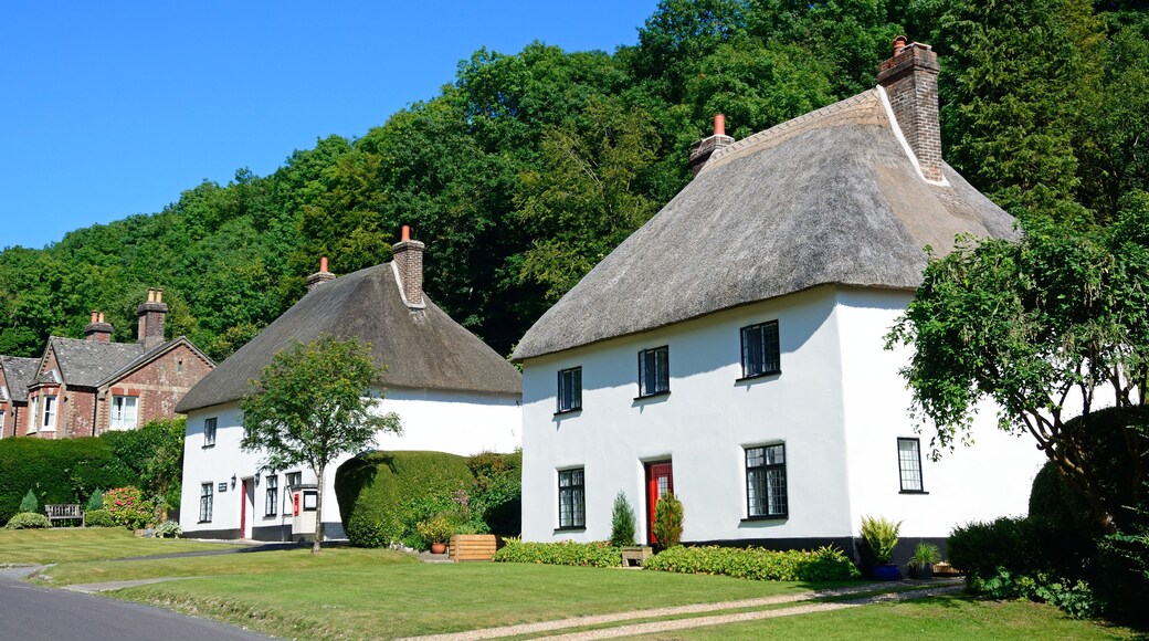 Thatched cottage and post office along the main village street, Milton Abbas.