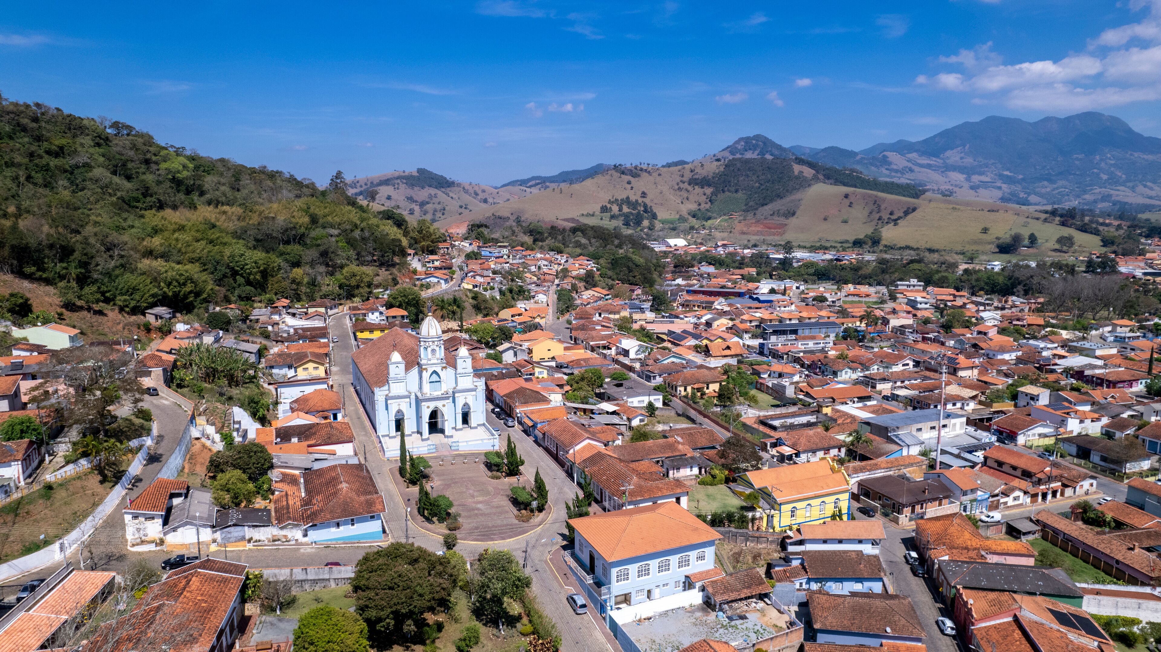 Igreja Matriz in Sao Bento do Sapucai, in the countryside of Sao Paulo. In Serra da Mantiqueira. Aerial view.