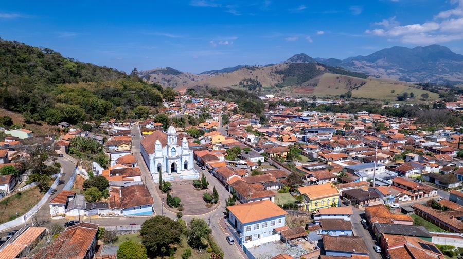 Igreja Matriz in Sao Bento do Sapucai, in the countryside of Sao Paulo. In Serra da Mantiqueira. Aerial view.