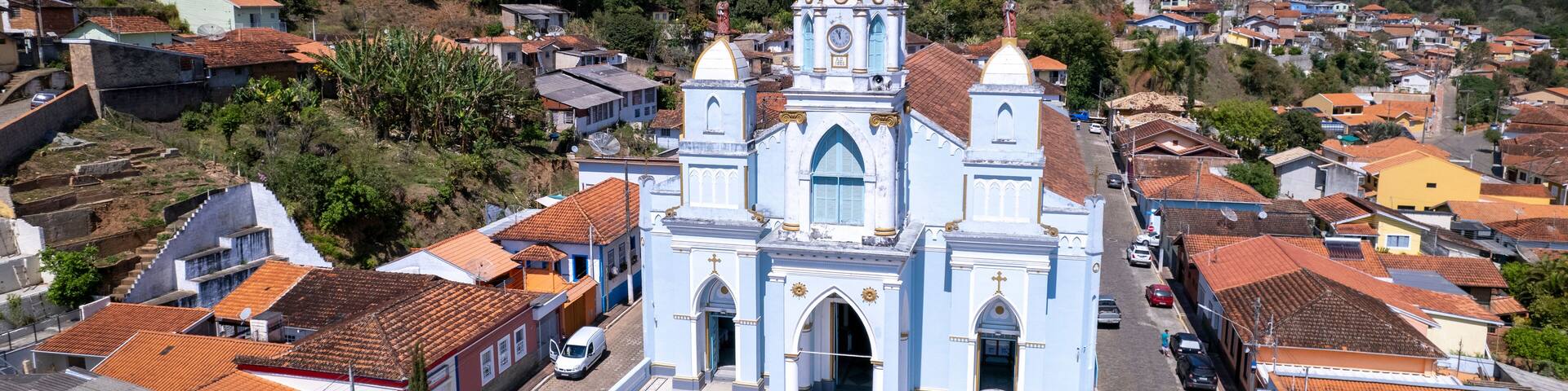 Igreja Matriz in Sao Bento do Sapucai, in the countryside of Sao Paulo. In Serra da Mantiqueira. Aerial view.
