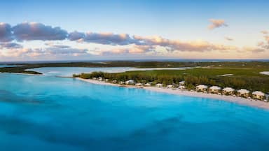 Aerial view of the beautiful Cape Santa Maria Beach, Long island, Caribbean, Bahamas during sunset time