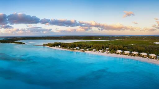 Aerial view of the beautiful Cape Santa Maria Beach, Long island, Caribbean, Bahamas during sunset time