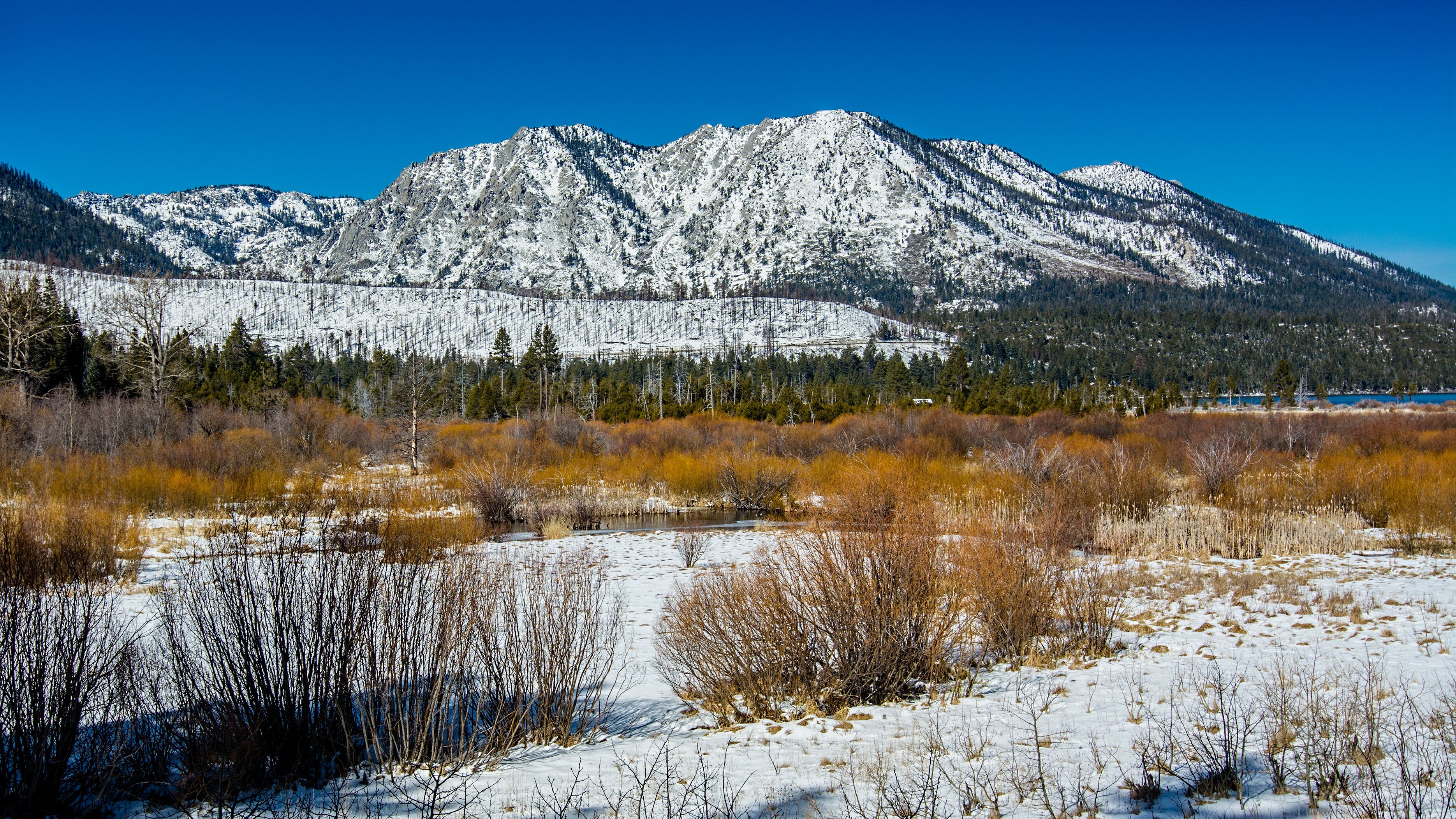 Little snow in the mountains of Lake Tahoe viewed from Salmon Creek area on a winter cloudless sky day