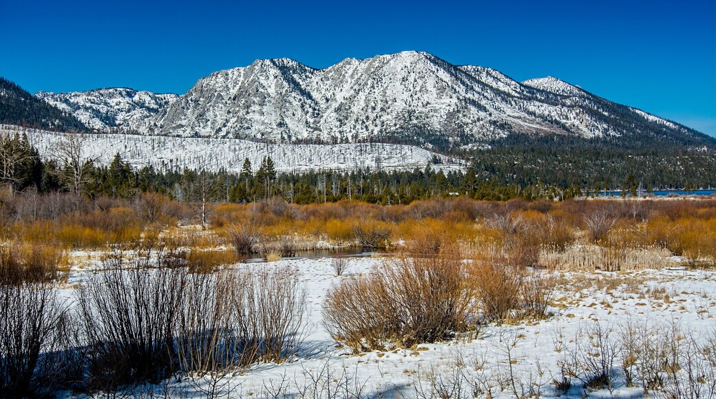Little snow in the mountains of Lake Tahoe viewed from Salmon Creek area on a winter cloudless sky day
