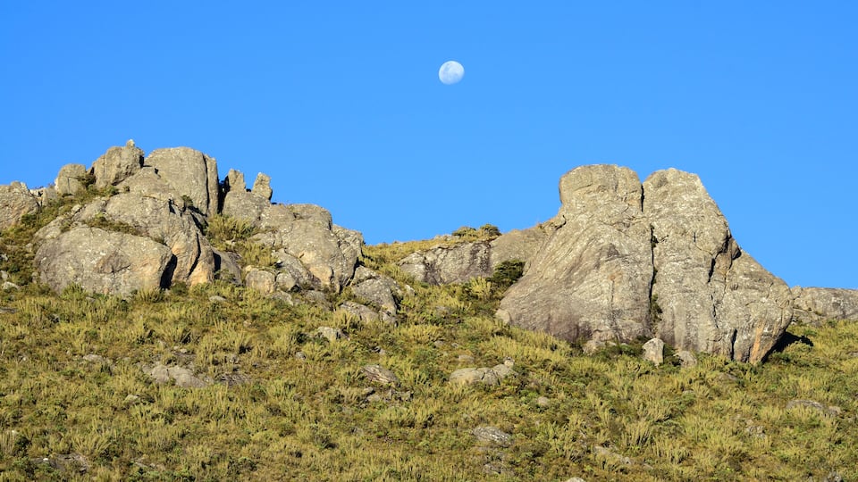 A rocky hill with sparse vegetation and a visible moon in the sky.