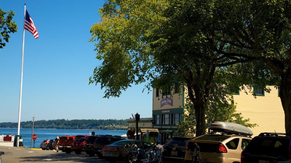 A parking lot with cars and motorcycles, a General Store, a large tree, and a body of water in the background.