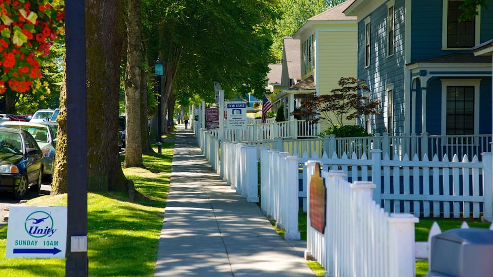 A tree-lined residential street with parked cars and a sidewalk.