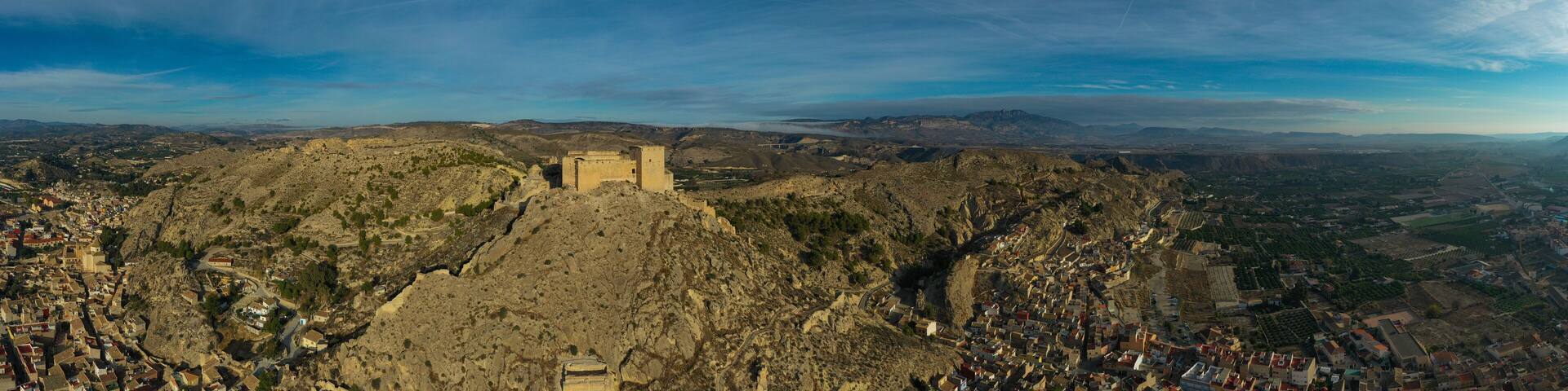 Panoramic aerial view of the impressive medieval castle of Mula, Region of Murcia, Spain