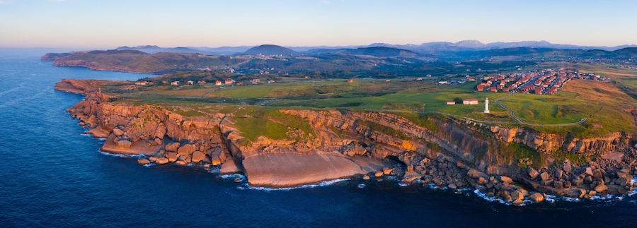 Aerial View, Ajo Lighthouse, Ajo, Bareyo Municipality, Cantabria, Cantabrian Sea, Spain, Europe