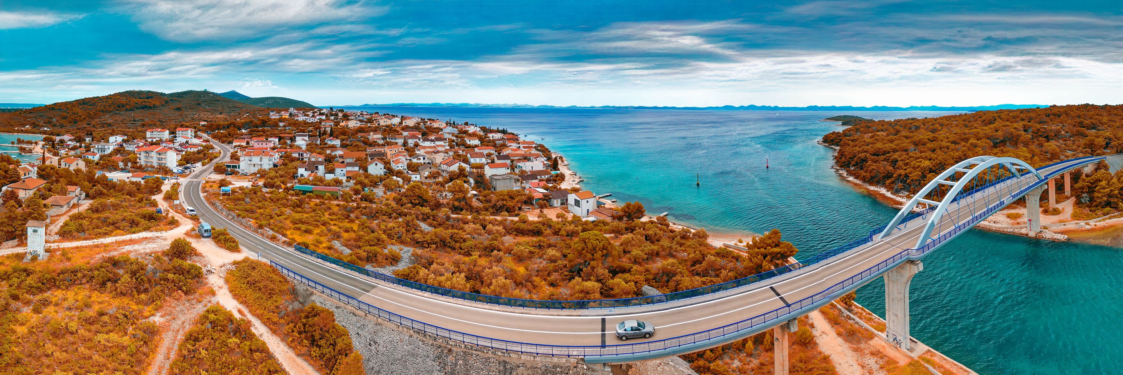Zdrelac Bridge panoramic aerial view in Ugljan Island, Croatia