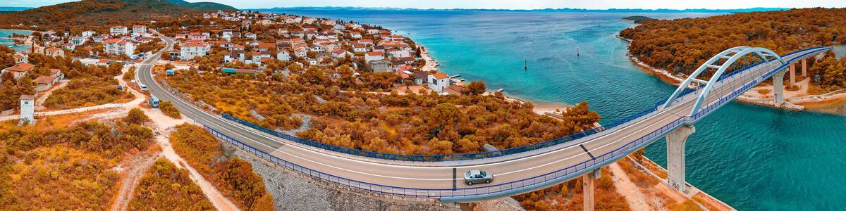 Zdrelac Bridge panoramic aerial view in Ugljan Island, Croatia