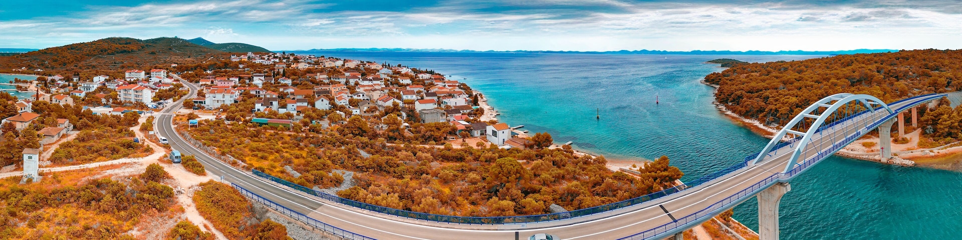 Zdrelac Bridge panoramic aerial view in Ugljan Island, Croatia