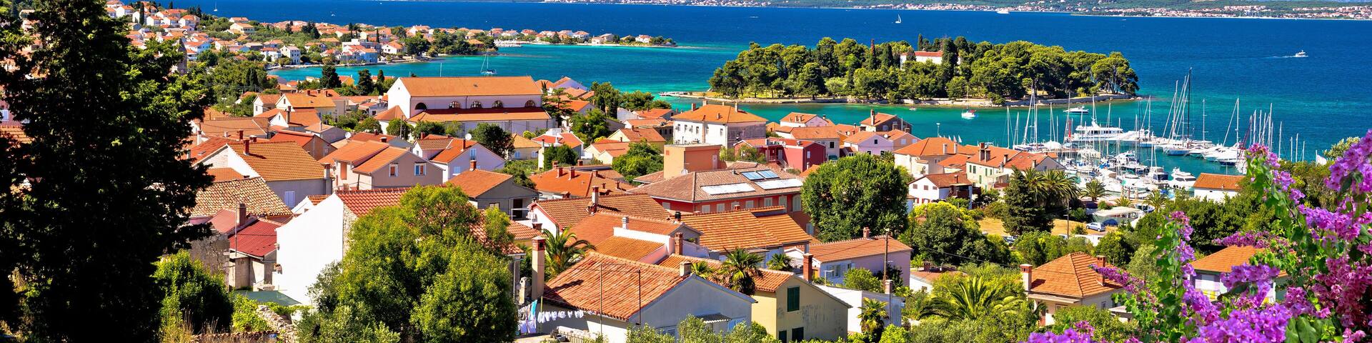 Zadar archipelago. Island of Ugljan waterfront and Galovac islet panoramic view
