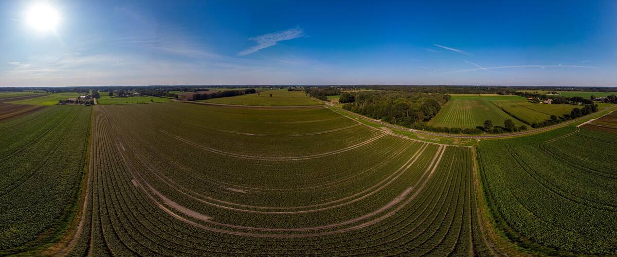 Aerial 360 degrees panorama of Dutch farmland landscape ready for use in 3D environment.