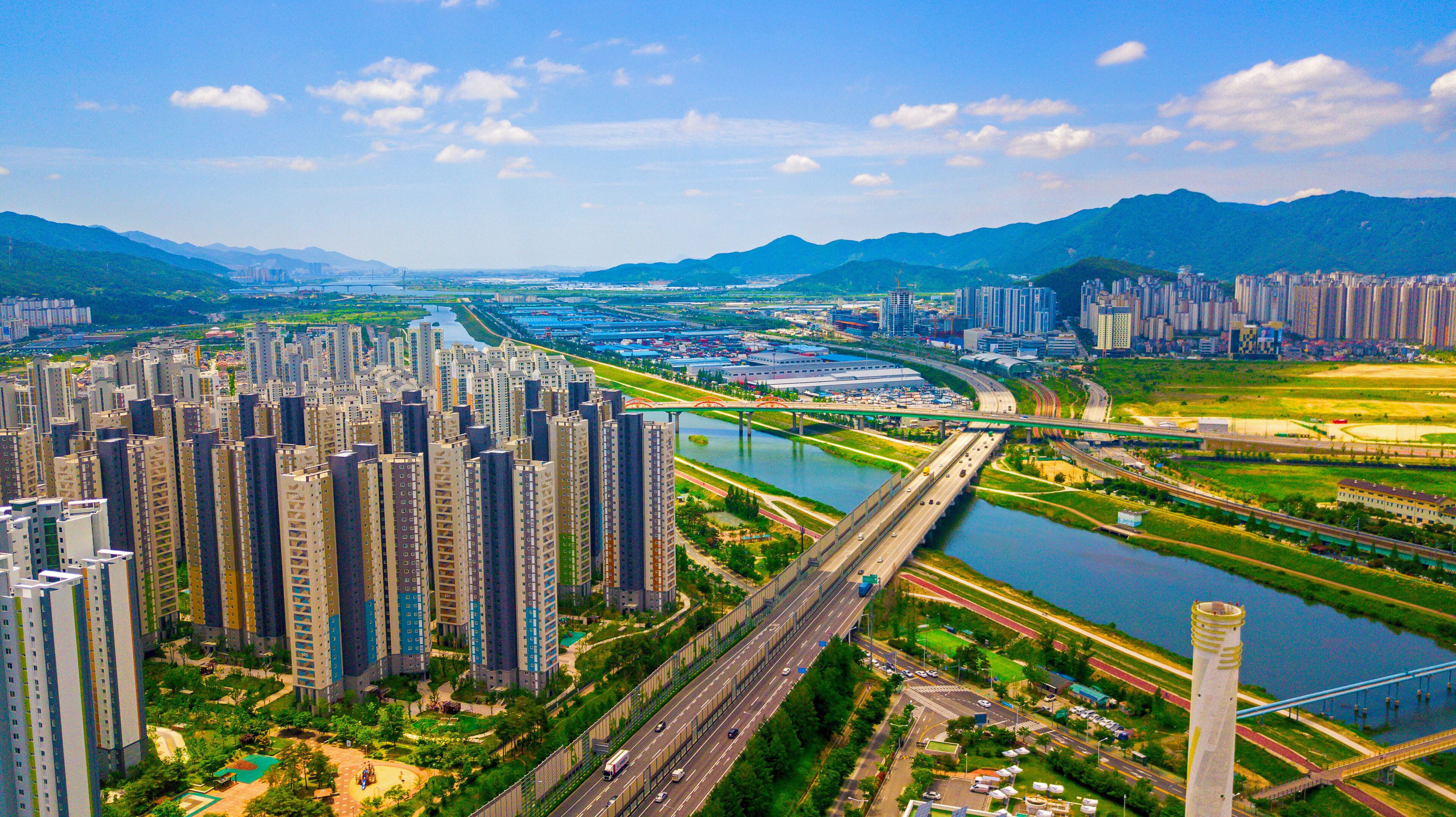 Aerial view of Yangsan city, South Korea. Aerial view from drone