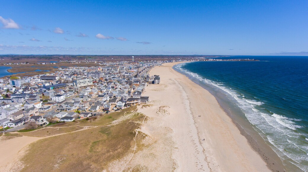 Hampton Beach aerial view including historic waterfront buildings on Ocean Boulevard and Hampton Beach State Park, Town of Hampton, New Hampshire NH, USA.