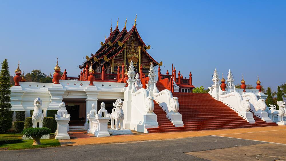 The grand facade of Ho Kham Luang Royal Pavilion in the Royal Park Rajapruek in Chiang Mai, Northern Thailand