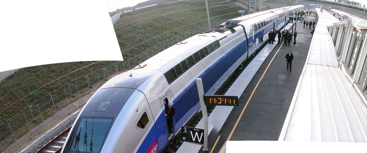 TGV Euroduplex (2N2) number 4703 train parked at the Belfort - Montbéliard TGV railway station during station's inaugural.